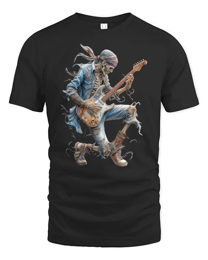 Skeleton Rock Guitarist Vintage Music Graphic T-Shirt - black t-shirt on white background