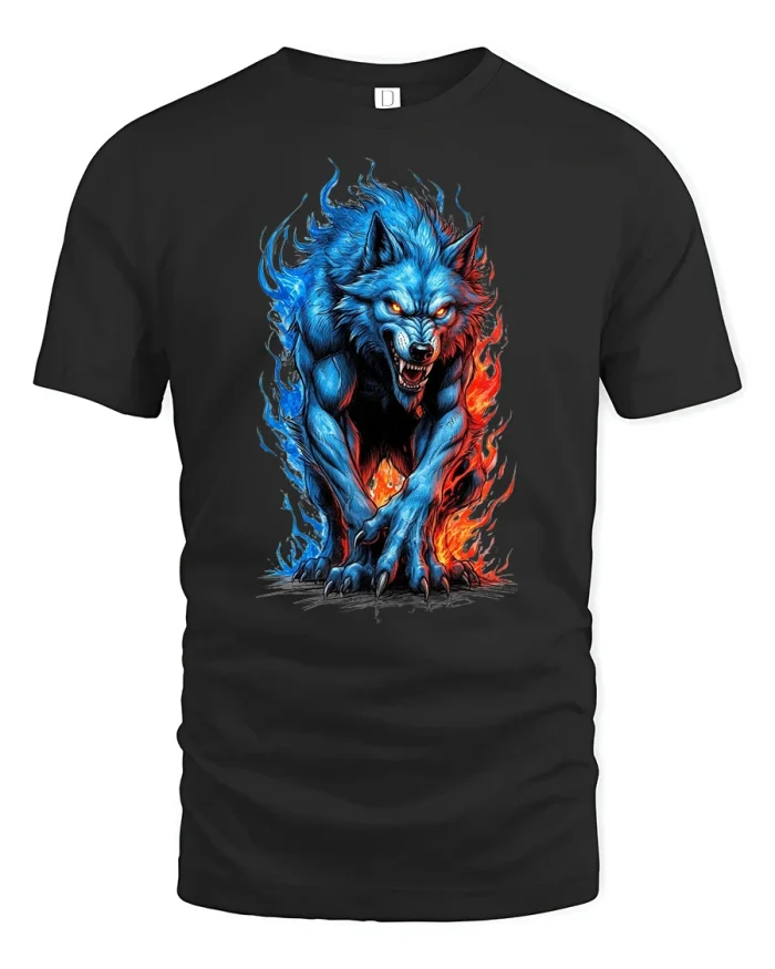 Blue Fire Wolf Fierce Spirit Flame Graphic T-Shirt - black t-shirt on white background