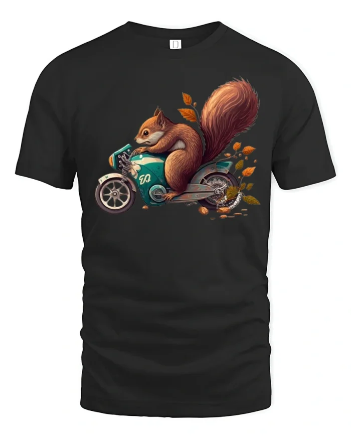 Funny Squirrel Riding Motorcycle Cool Art T-Shirt - black t-shirt on white background