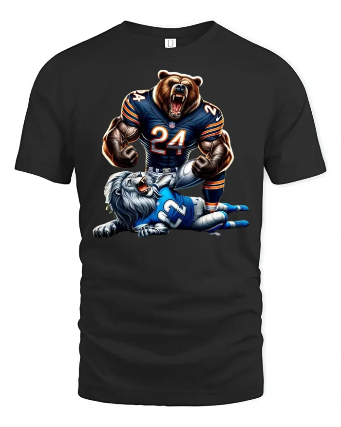 Fierce Bear vs Lion Football Battle Graphic T-Shirt - black t-shirt on white background