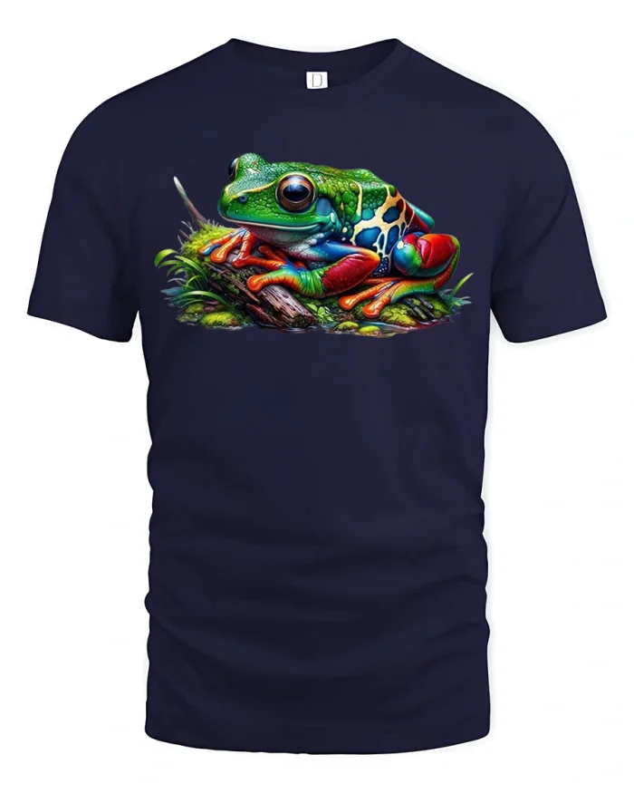 Colorful Tree Frog Jungle Nature Art Graphic T-Shirt - navy t-shirt on white background