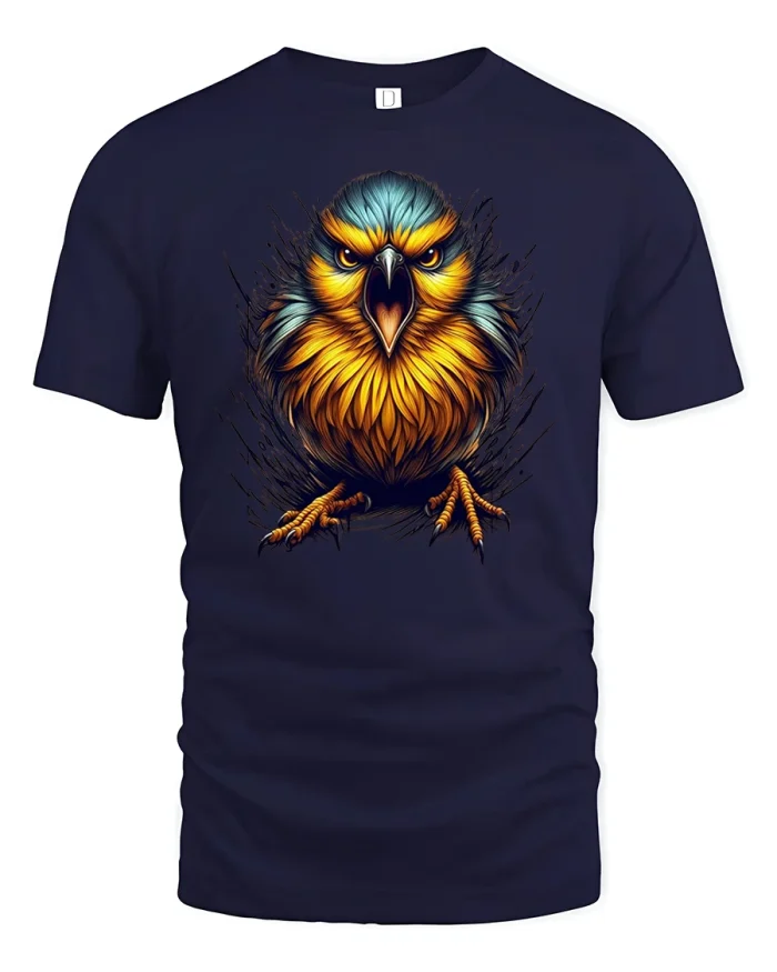 Fierce Angry Bird Warrior Flame Art Graphic T-Shirt - navy t-shirt on white background