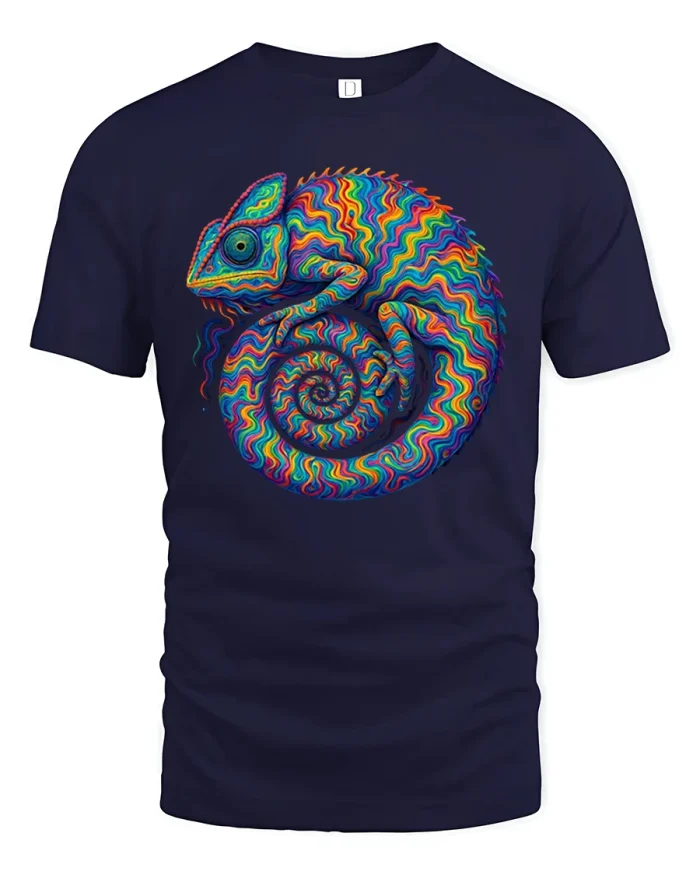 Psychedelic Chameleon Spiral Rainbow Art T-Shirt - navy t-shirt on white background