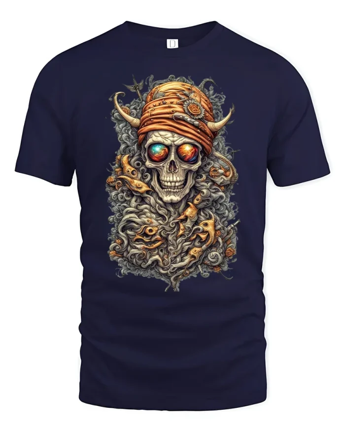 Psychedelic Pirate Skull Trippy Art Graphic T-Shirt - navy t-shirt on white background