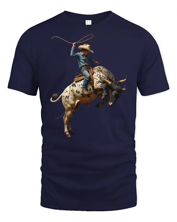 Wild Cowboy Bull Rider Western Rodeo Spirit T-Shirt - navy t-shirt on white background