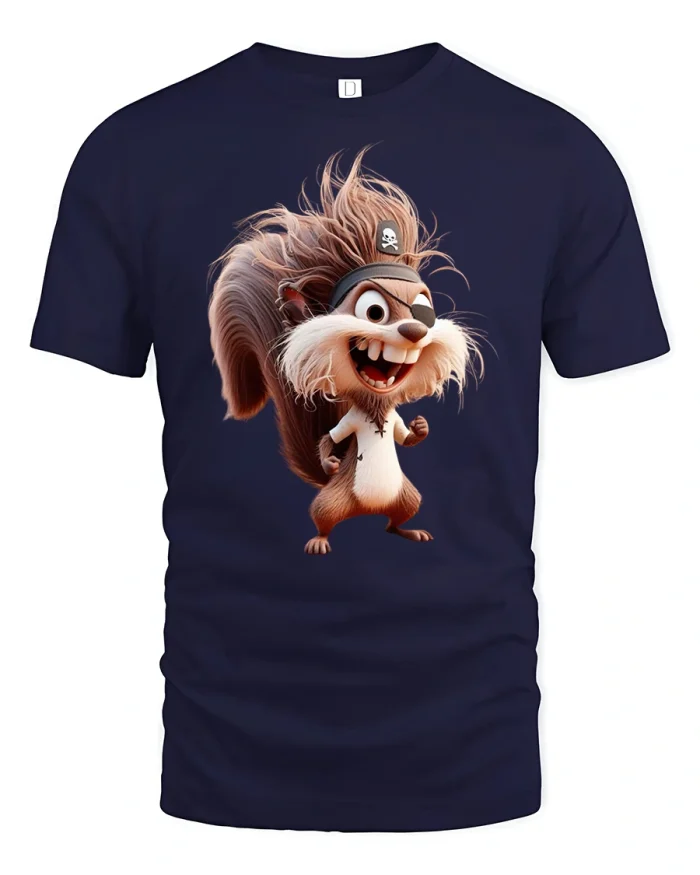 Funny Pirate Squirrel Cartoon Adventure Graphic T-Shirt - navy t-shirt on white background