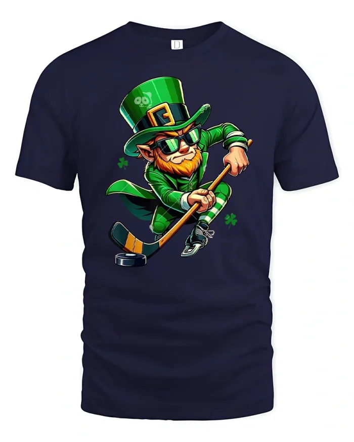 Funny Leprechaun Hockey Player Irish Pride T-Shirt - navy t-shirt on white background