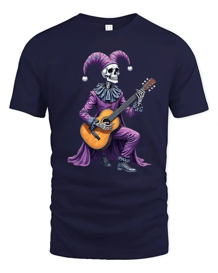 Skeleton Jester Guitar Player Funny Gothic Art T-Shirt - navy t-shirt on white background