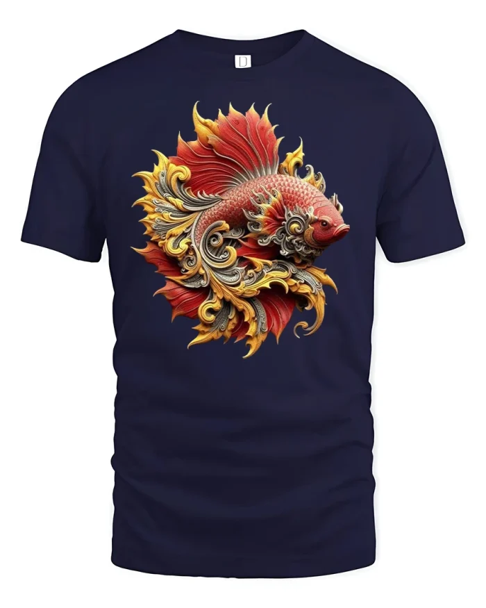 Ornate Betta Fish Art Colorful Fantasy Graphic T-Shirt - navy t-shirt on white background