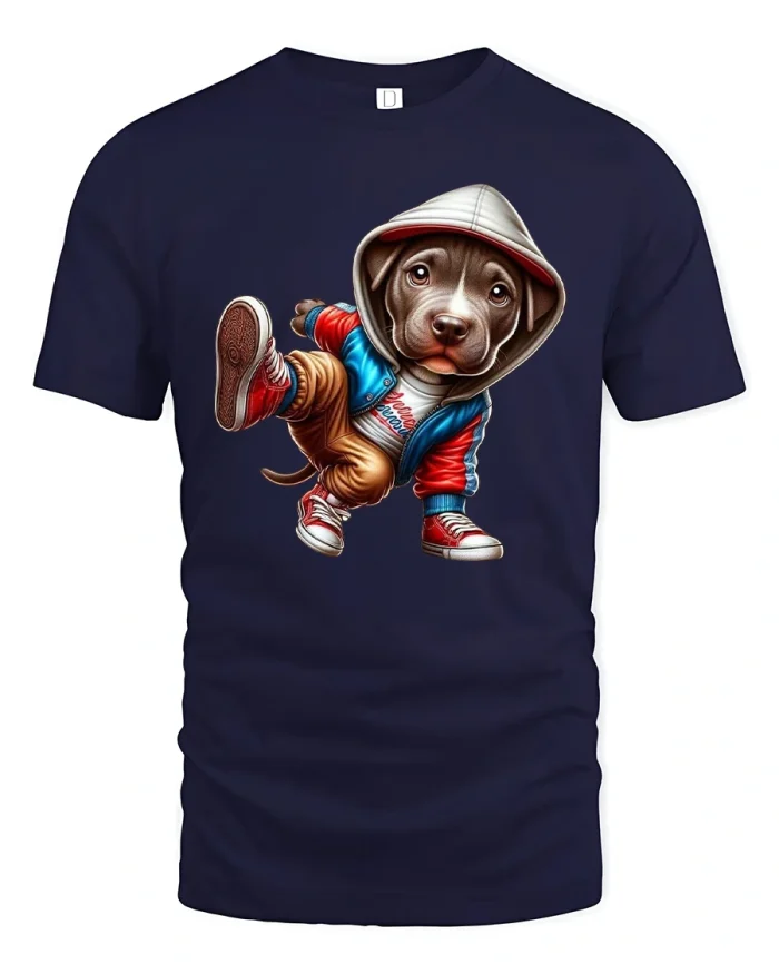 Cool Hip Hop Puppy in Hoodie Funny Dog Graphic T-Shirt - navy t-shirt on white background