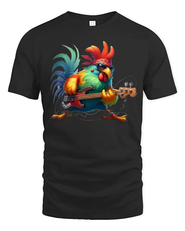 Rockstar Rooster Playing Bass Guitar Funny Music Lover Tee - black t-shirt on white background
