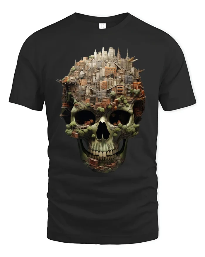 Urban City Skull Landscape Art Bold Street Style Graphic Tee - black t-shirt on white background