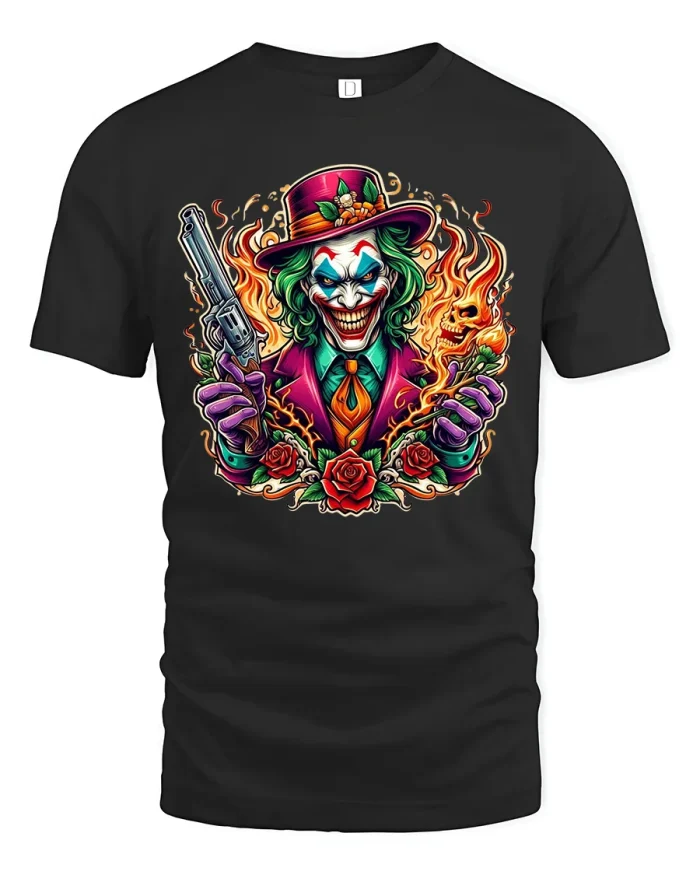 Fiery Evil Clown Gun and Flames Bold Colorful Graphic Tee - black t-shirt on white background