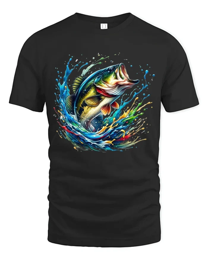 Color Splash Jumping Bass Fishing Art Vibrant Graphic Tee - black t-shirt on white background