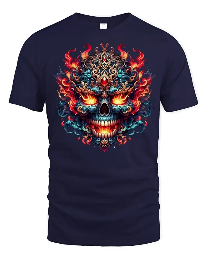 Fiery Demon Skull Art Tee with Tribal Flames Graphic T-Shirt - navy t-shirt on white background