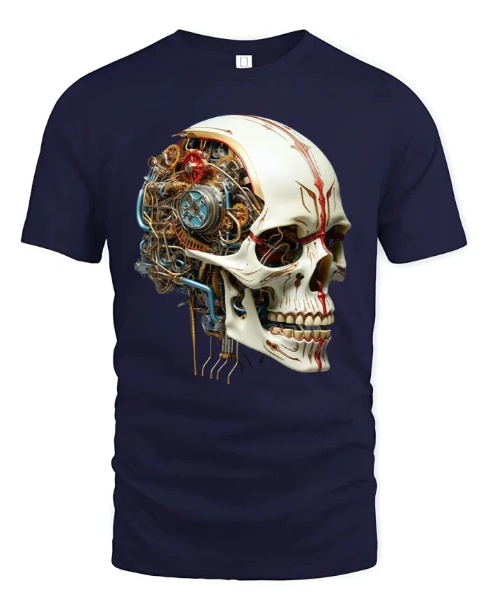 Cyborg Skull Tech Fusion Tee for Sci-Fi Lovers - navy t-shirt on white background