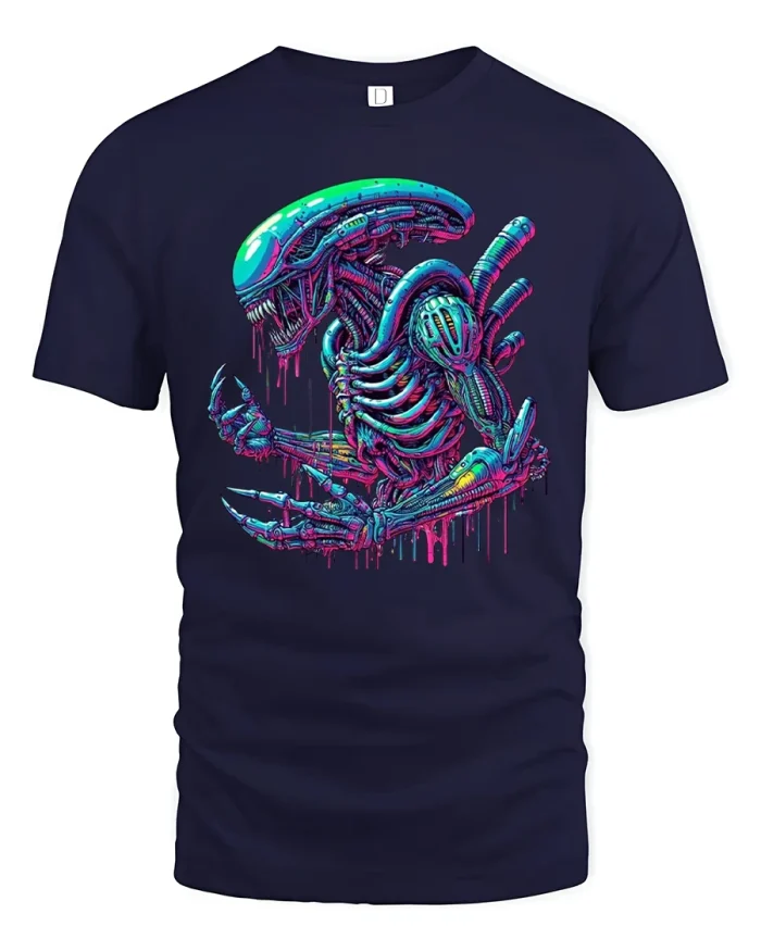 Neon Alien Xenomorph Splash Art Tee for Sci-Fi Fans Tshirt - navy t-shirt on white background