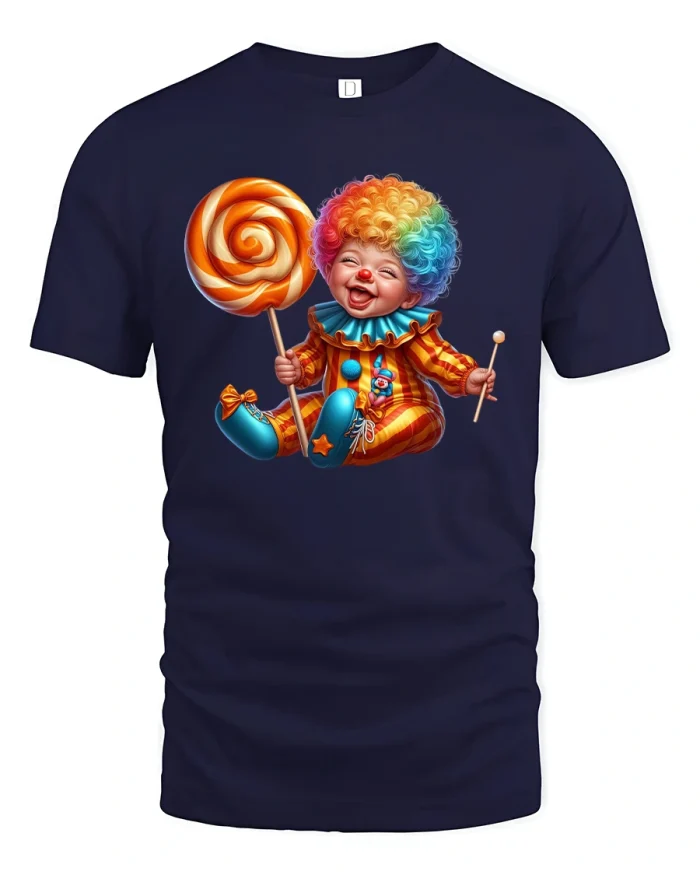 Colorful Baby Clown Lollipop Fun Tee for Kids and Adults - navy t-shirt on white background