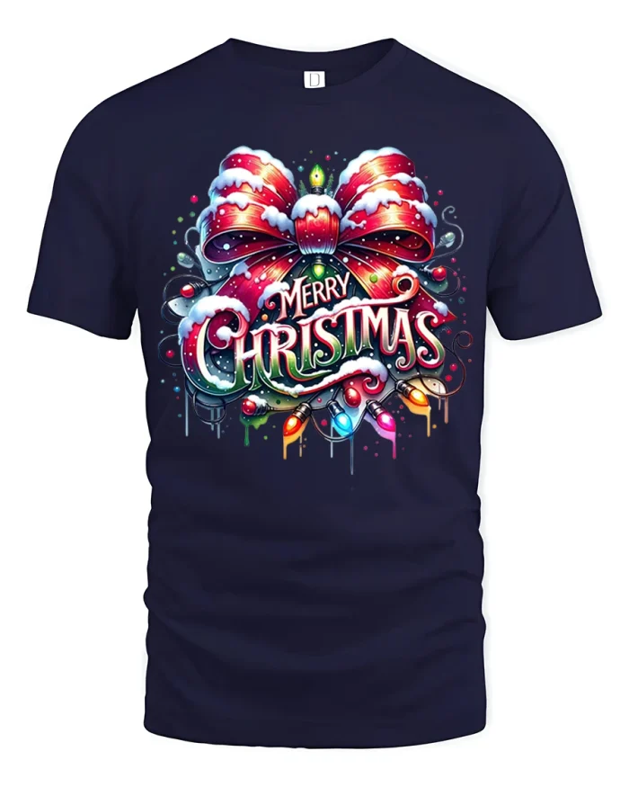 Merry Christmas Bow Lights Tee Festive Holiday Tshirt Gift - navy t-shirt on white background