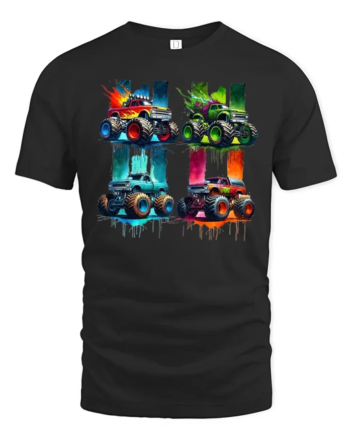 Colorful Monster Trucks Splash Art Graphic T-Shirt - black t-shirt on white background