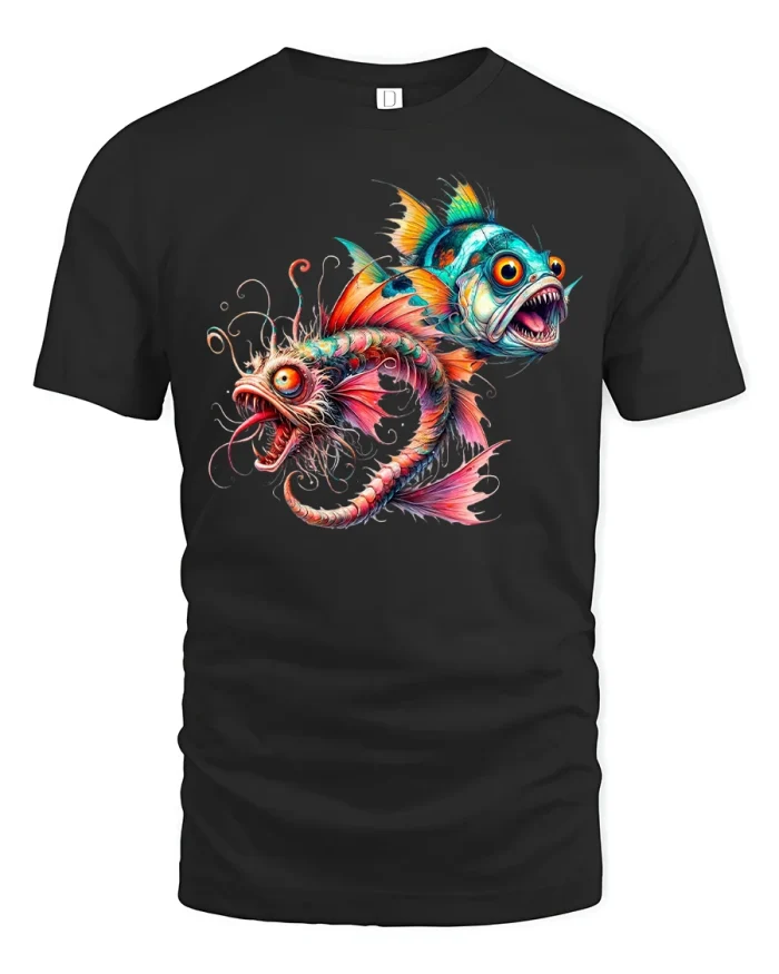 Funny Big Eye Fish Deep Sea Colorful Art T-Shirt - black t-shirt on white background