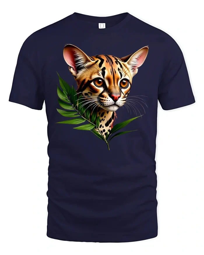 Jungle Cat Tropical Leaf Art Wildlife Graphic T-Shirt - navy t-shirt on white background