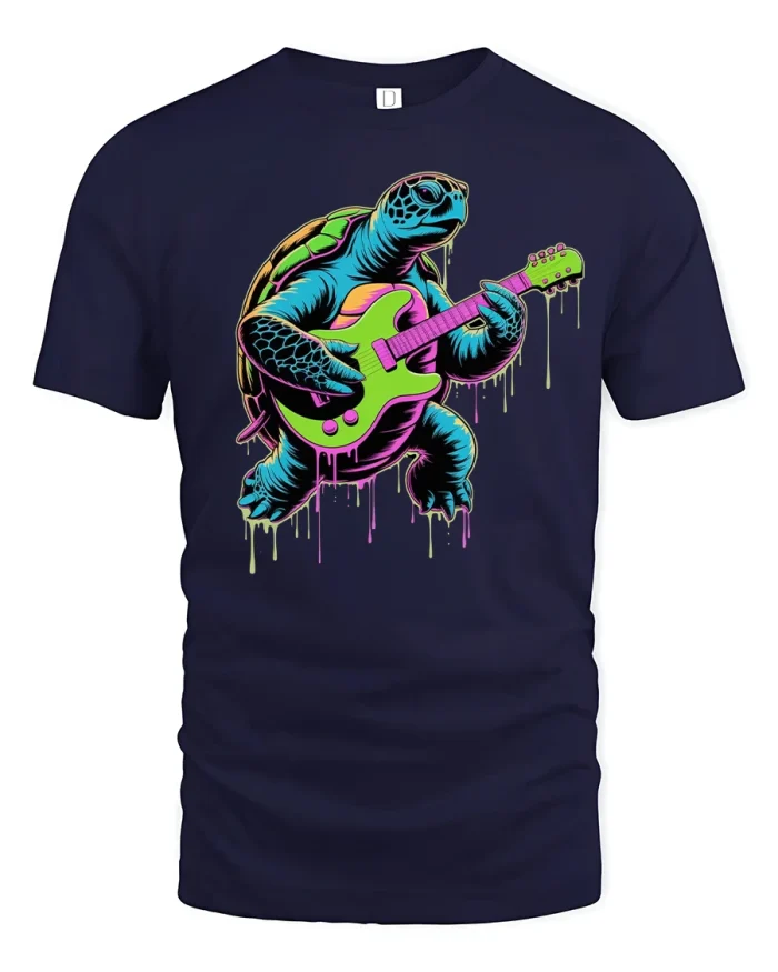 Rockin’ Turtle Guitar Drip Art Cool Music Graphic Tee - navy t-shirt on white background