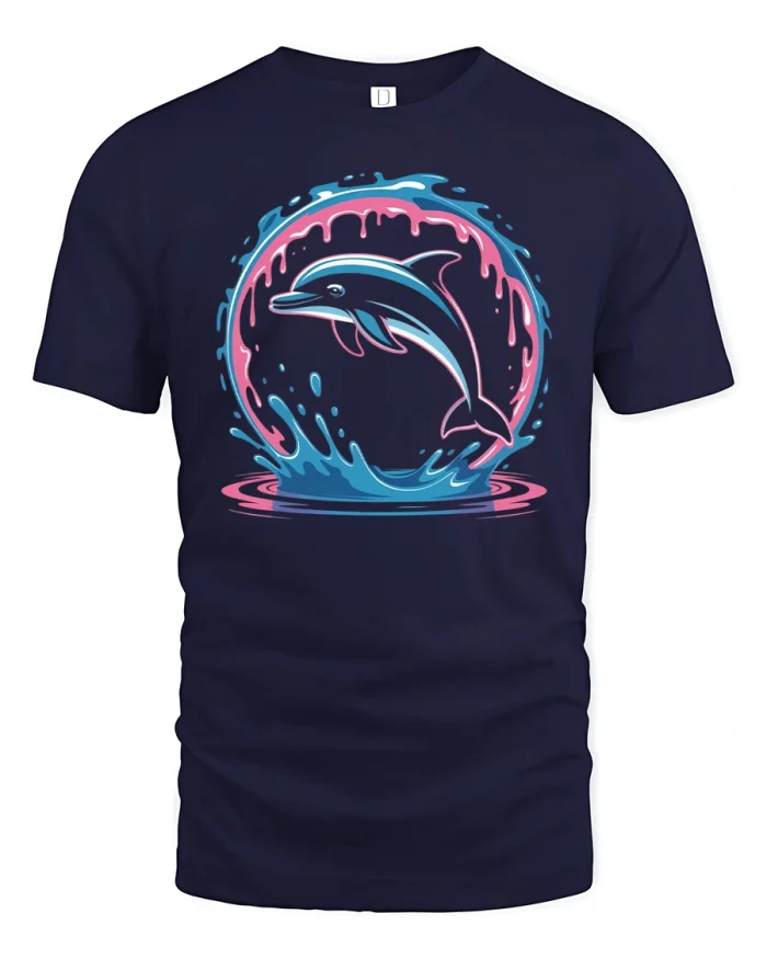 Neon Dolphin Splash Art Ocean Lover Graphic T-Shirt - navy t-shirt on white background