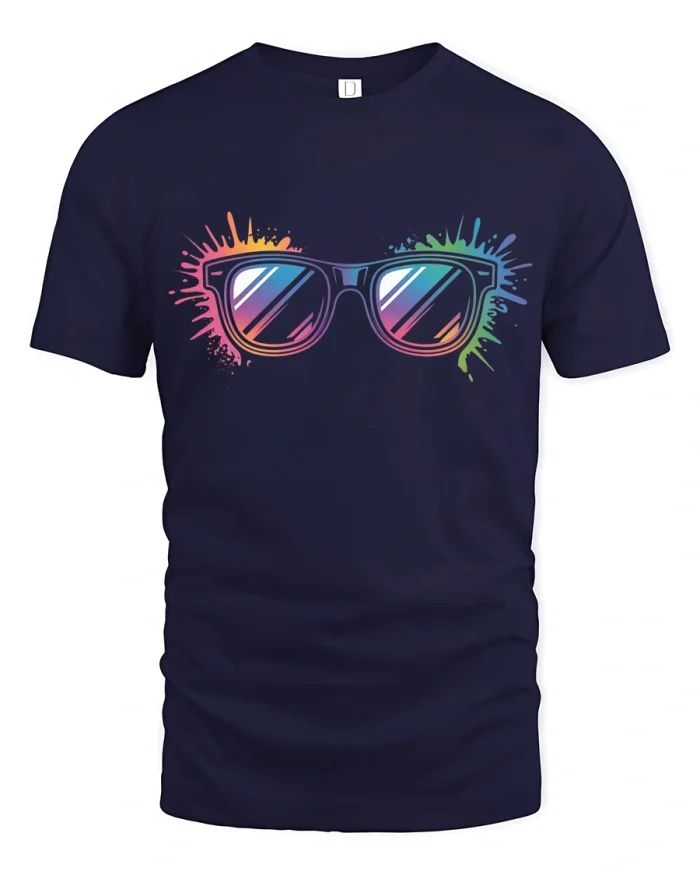 Rainbow Sunglasses Splash Art Cool Summer Vibe Tee - navy t-shirt on white background