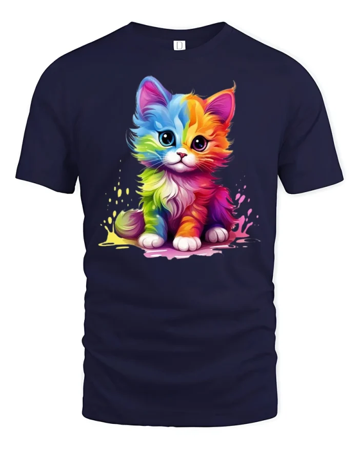 Rainbow Kitten Splash Art Cute Cat Lover Graphic Tee - navy t-shirt on white background