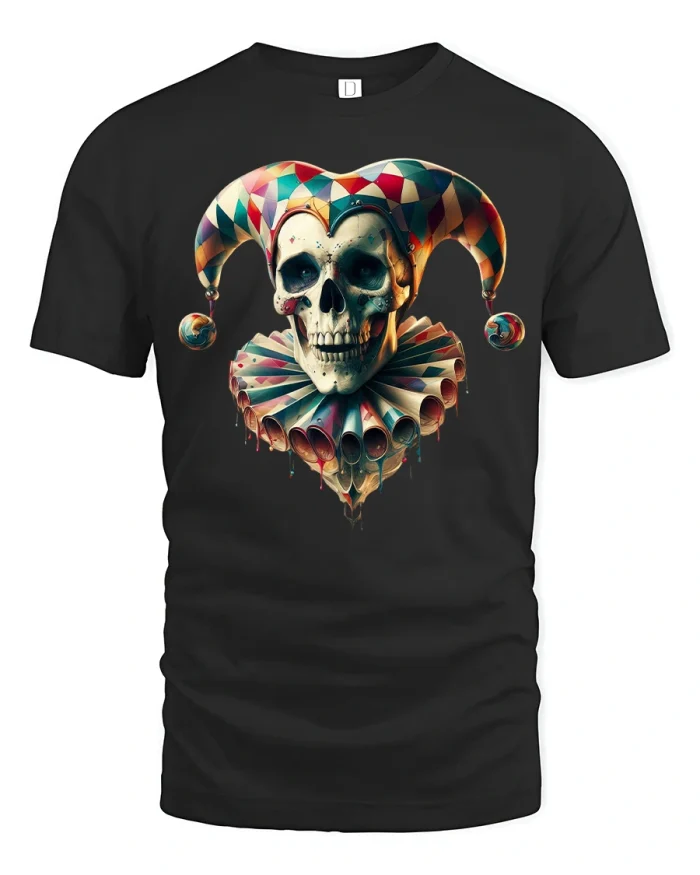Jester Skull Carnival Art Graphic T-Shirt - black t-shirt on white background