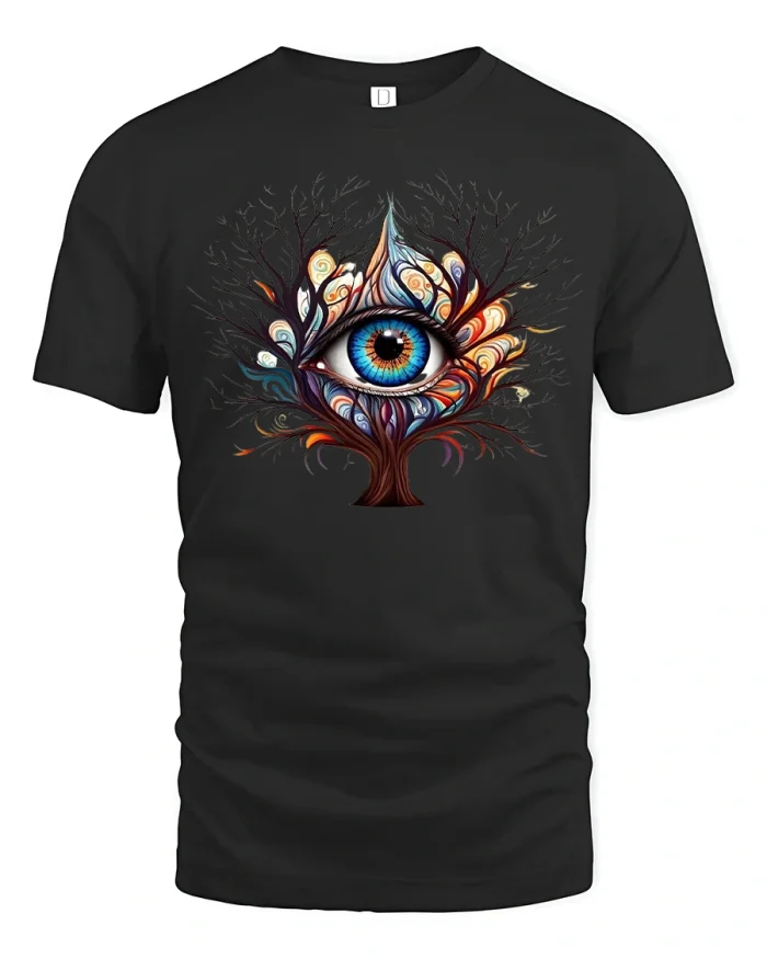 Mystic All-Seeing Eye Tree Art Graphic T-Shirt - black t-shirt on white background