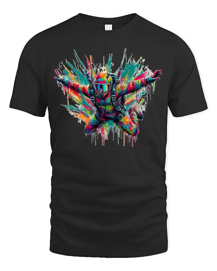 Color Splash Skydiver Extreme Sport Art T-Shirt - black t-shirt on white background