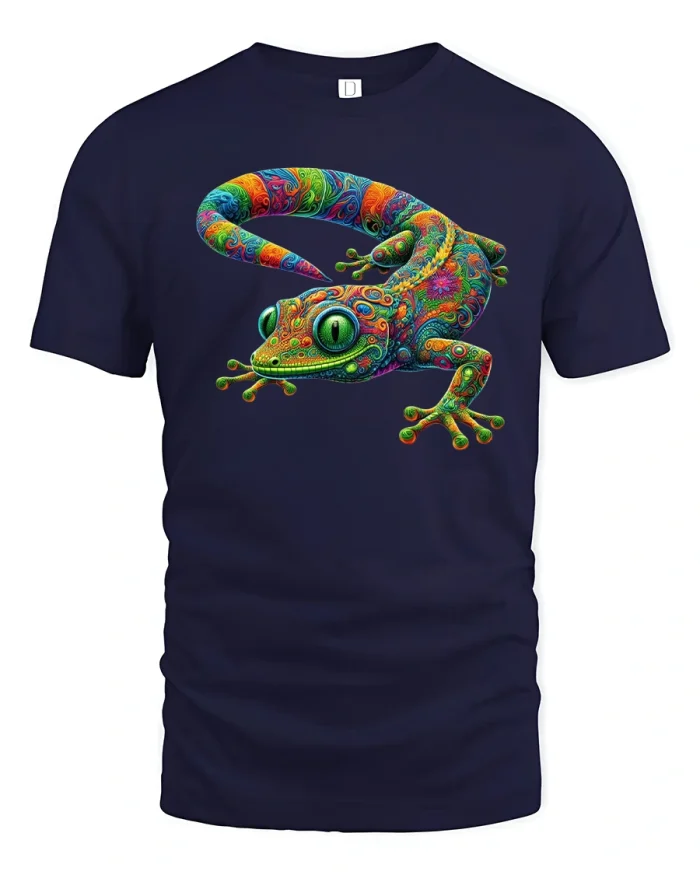 Psychedelic Gecko Color Splash Art Graphic T-Shirt - navy t-shirt on white background