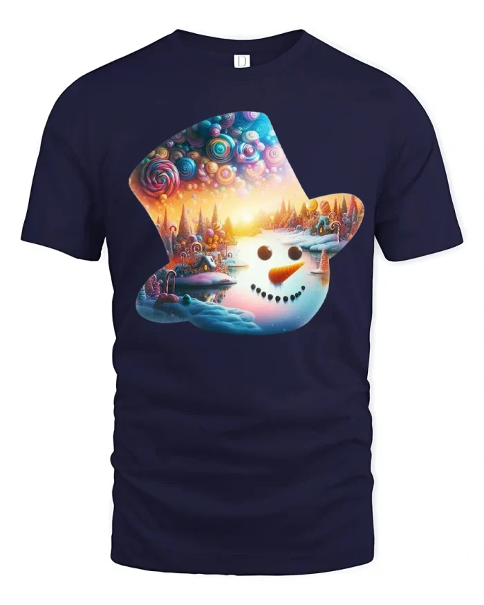Whimsical Snowman Fantasy Winter Wonderland T-Shirt - navy t-shirt on white background