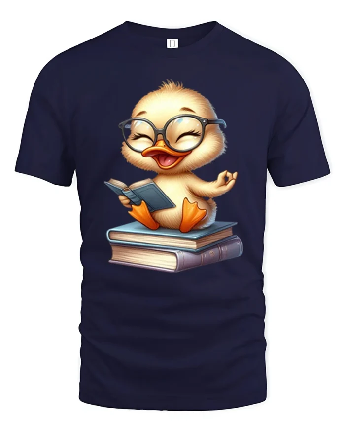 Cute Book Nerd Duck Reading Funny Teacher T-Shirt - navy t-shirt on white background