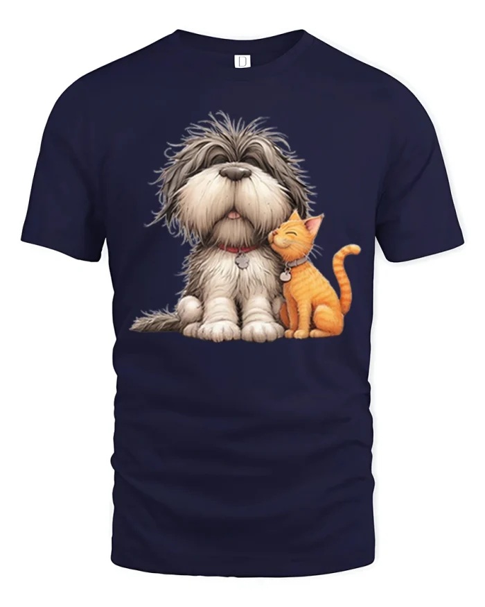 Cute Dog and Cat Best Friends Cartoon Graphic T-Shirt - navy t-shirt on white background