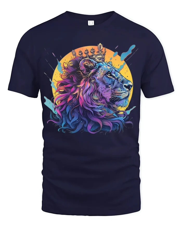 Colorful King Lion Crown Artistic Graphic T-Shirt - navy t-shirt on white background