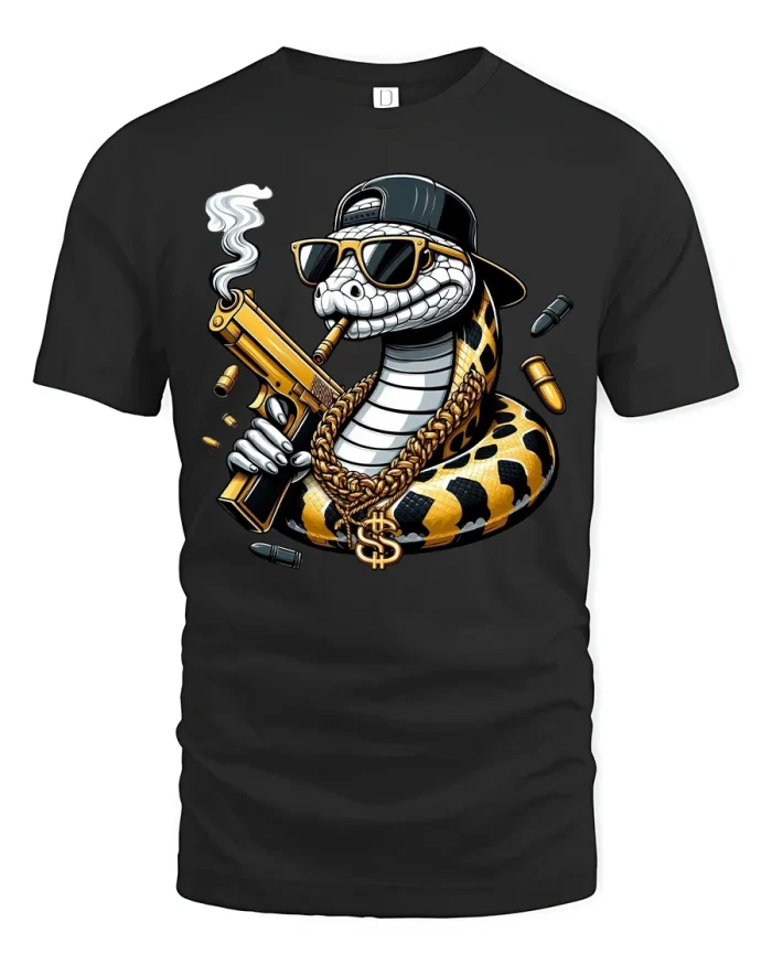 Street Style Cool Cobra Cartoon Hip Hop Graphic T-Shirt Tee - black t-shirt on white background
