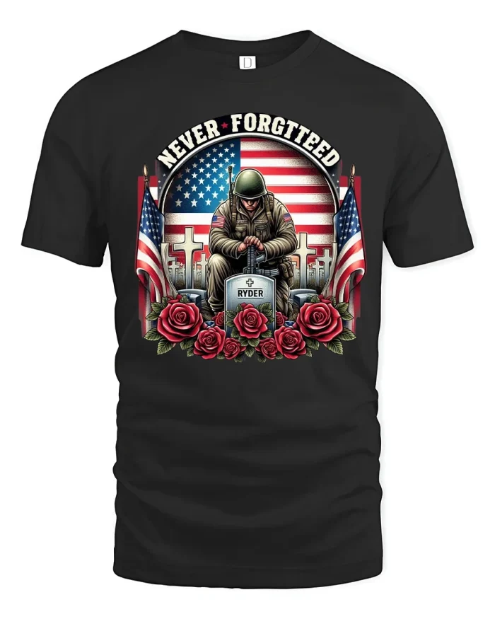 Patriotic Never Forgotten Soldier Memorial Tribute T-Shirt Tee - black t-shirt on white background