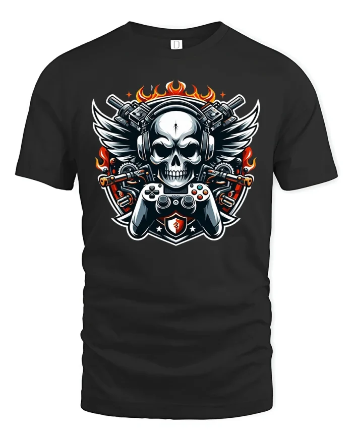 Epic Gamer Skull Headset Wings Fire Graphic T-Shirt Tee - black t-shirt on white background