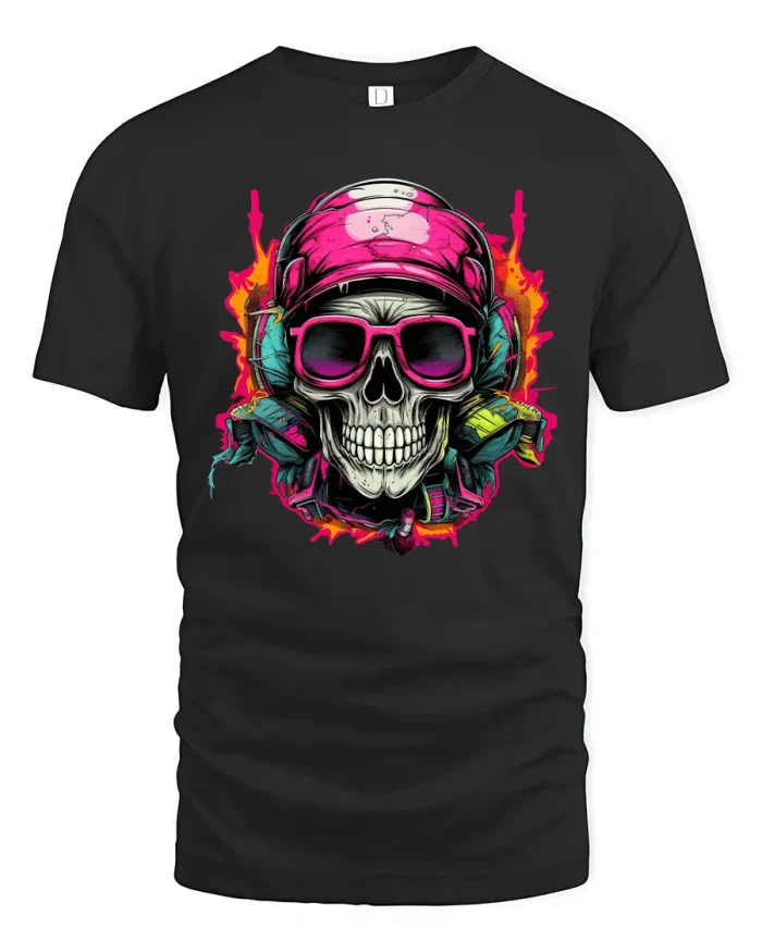 Neon Skull Headphones Retro Vibe Color Pop Graphic T-Shirt - black t-shirt on white background