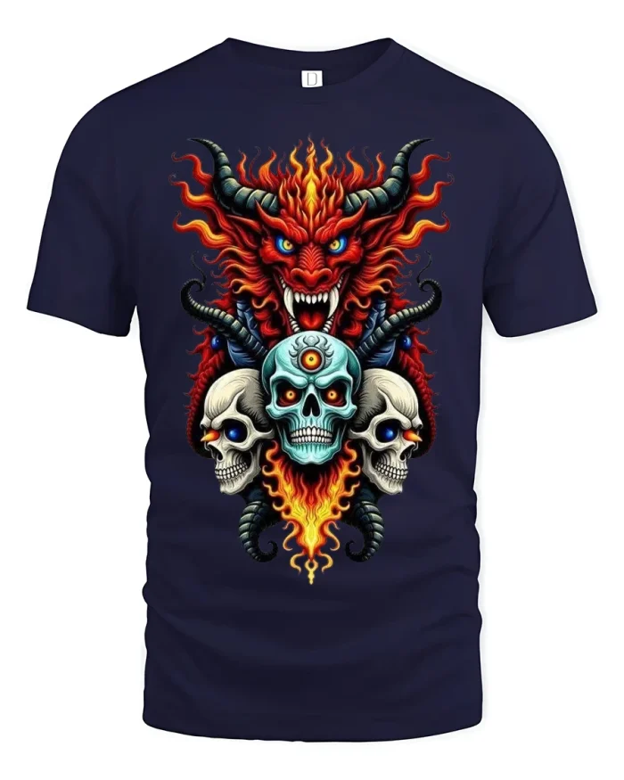 Fiery Dragon and Skulls Epic Fantasy Artwork T-Shirt Tee - navy t-shirt on white background