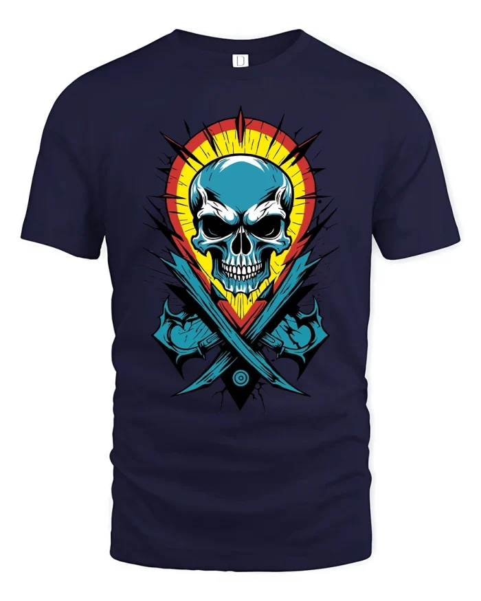 Epic Skull Crossed Blades Vibrant Fantasy Graphic T-Shirt - navy t-shirt on white background