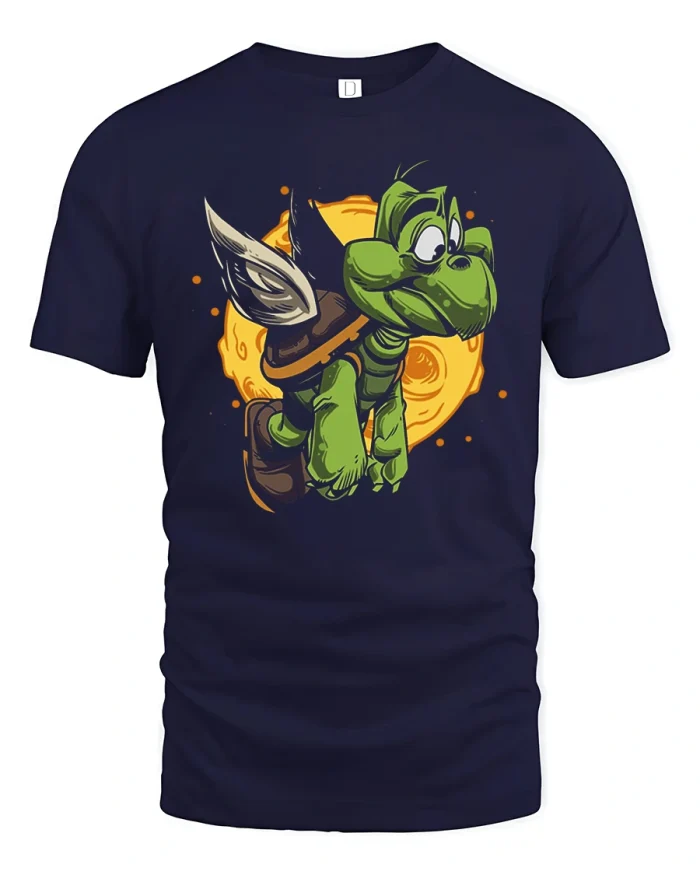 Funny Flying Turtle Cartoon Moon Scene Graphic T-Shirt Tee - navy t-shirt on white background