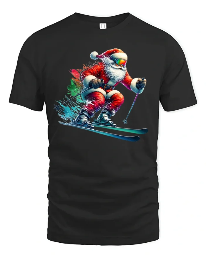 Skiing Santa Claus Tee Funny Christmas Snow Shirt - black t-shirt on white background