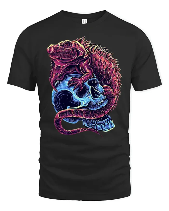 Neon Lizard Skull Tee Cool Reptile Gothic Design - black t-shirt on white background