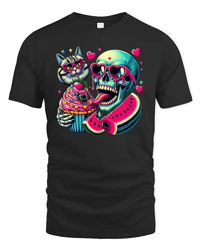 Neon Skull Cat Cupcake Tee Funny Sweet Love Style - black t-shirt on white background
