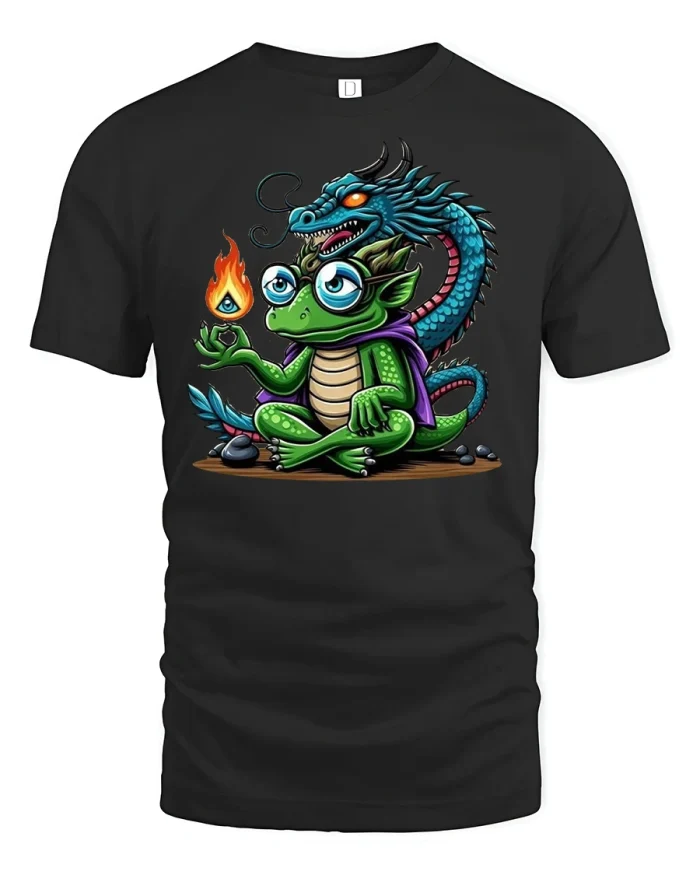 Zen Baby Dragon Tee Funny Fantasy Fire Art Shirt - black t-shirt on white background