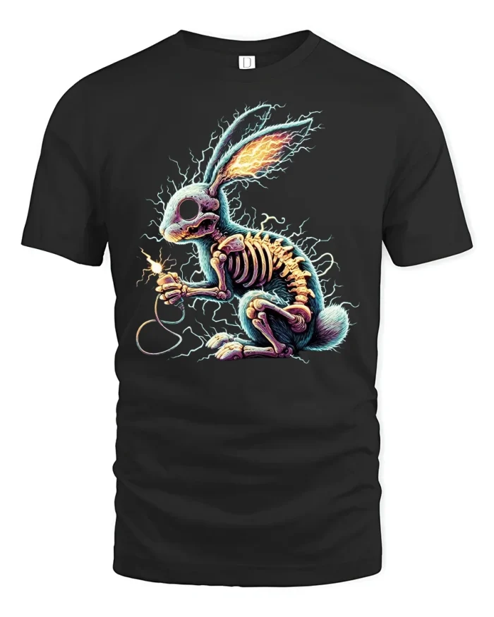 Electric Skeleton Bunny Tee Cool Neon Rabbit Art - black t-shirt on white background